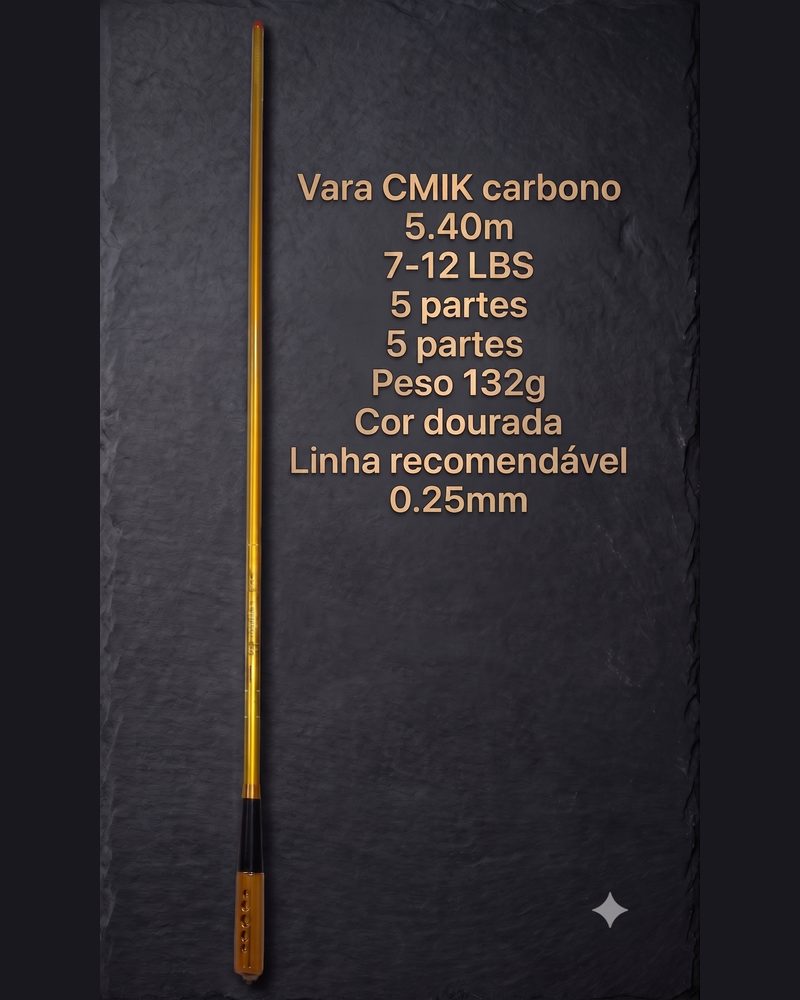 Vara CMIK Dourada 100% Carbono 5,40m - 100% carbono, 7-12 LBS, 5 partes, 132g, linha 0,25mm - foto 1