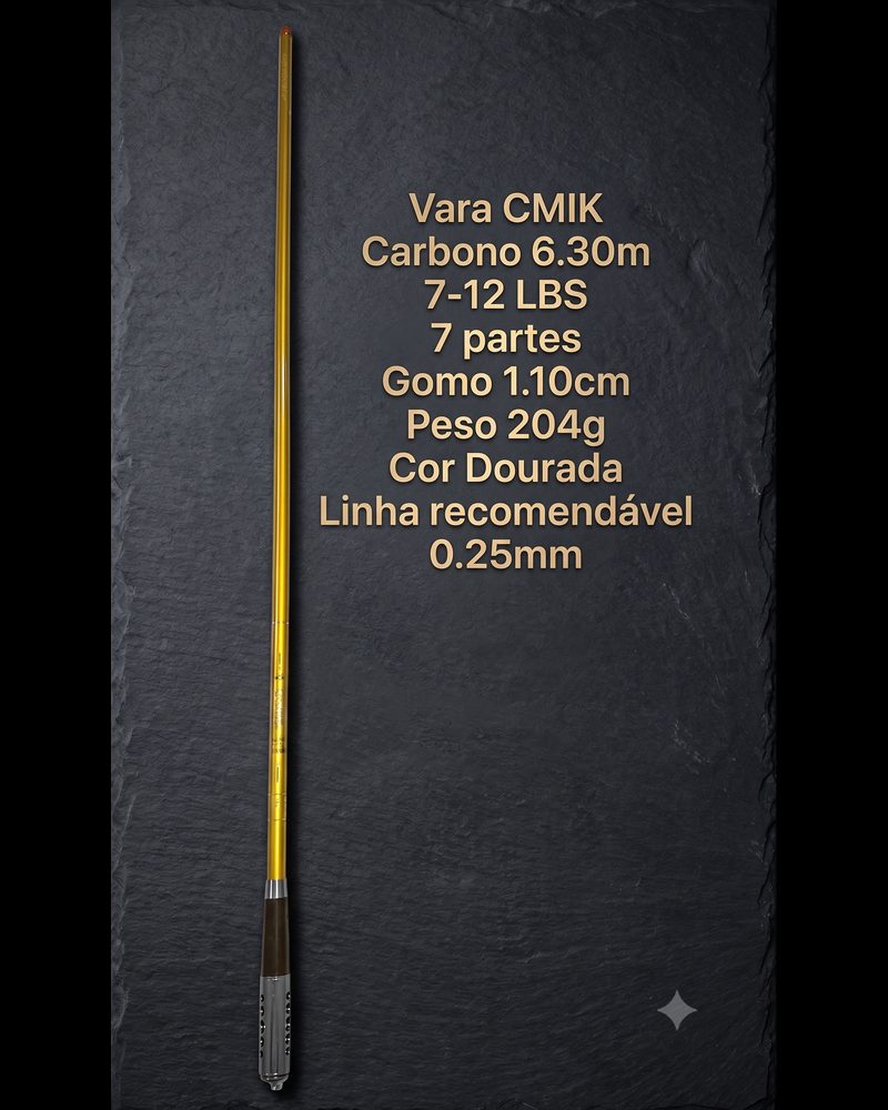Vara CMIK Dourada 100% Carbono 6,30m - 100% carbono, 7-12 LBS, 7 partes, gomo 1,10cm, 204g, linha 0,25mm - foto 1