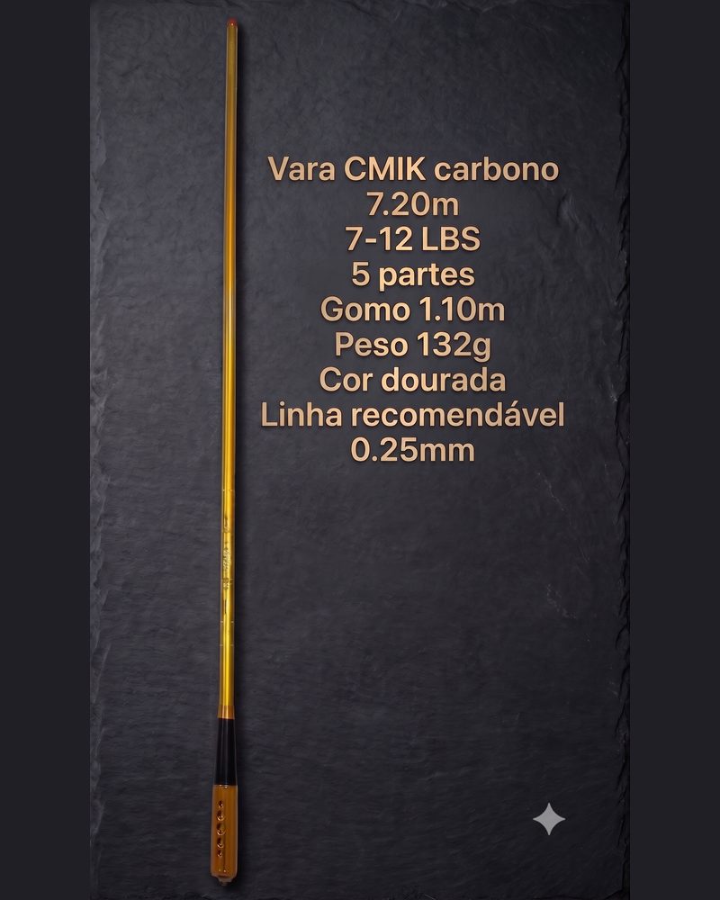 Vara CMIK Dourada 100% Carbono 7,20m - 100% carbono, 7-12 LBS, 5 partes, gomo 1,10m, 132g, linha 0,25mm - foto 1